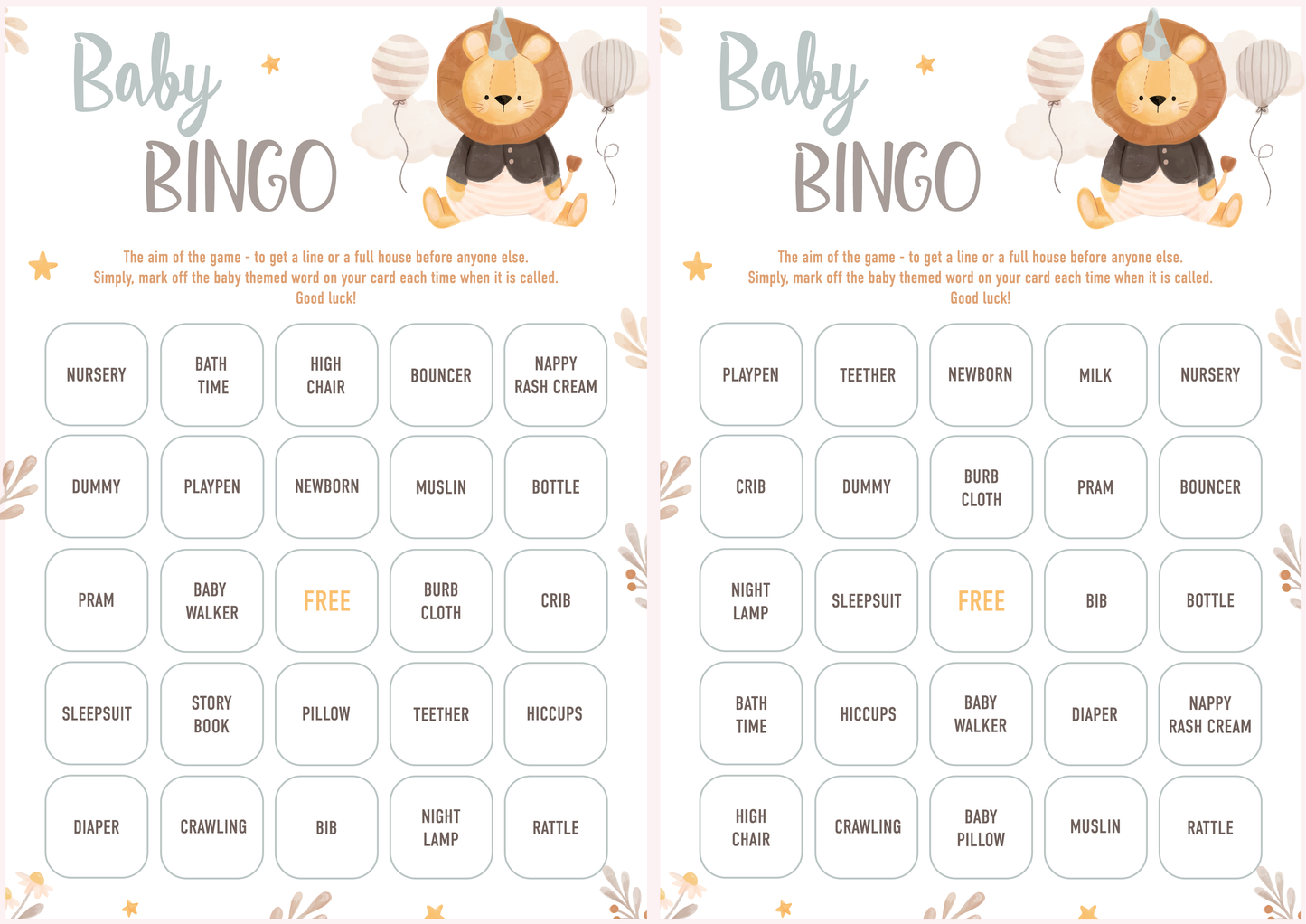 Baby Bingo Game Cards