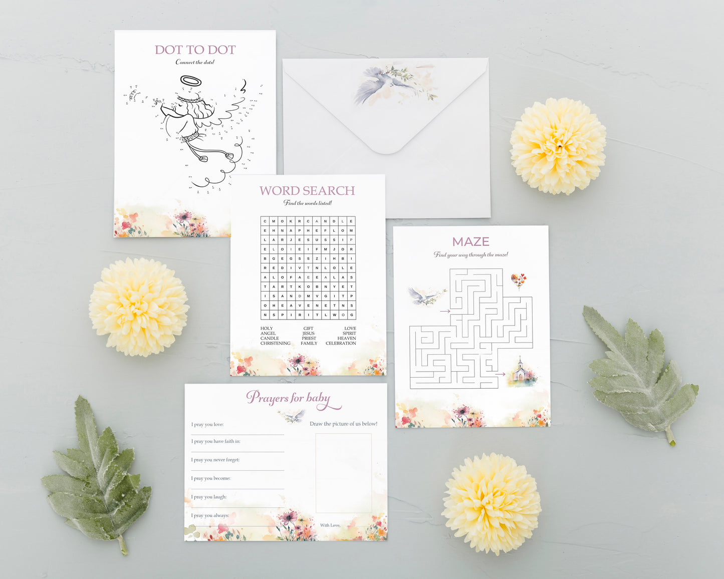 Christening Game Bundle: Maze, Dots, Word Search, Prayers for Baby
