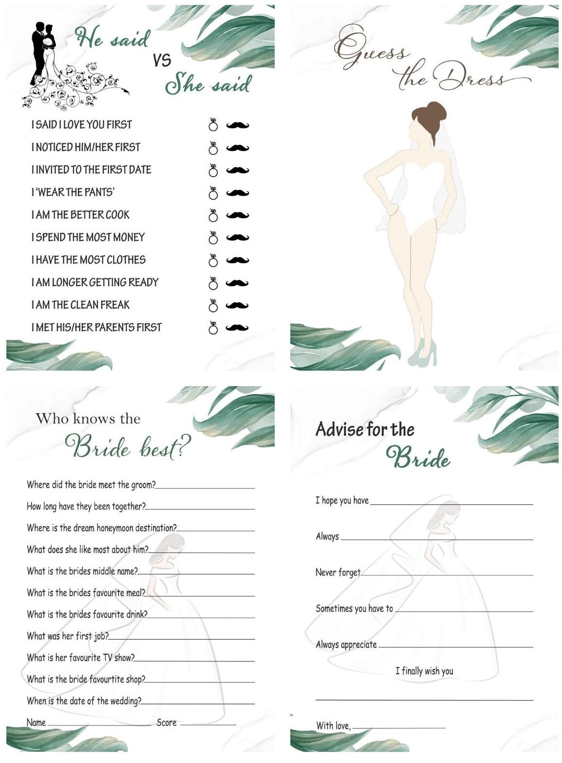 Personalised Bridal Shower Game Cards